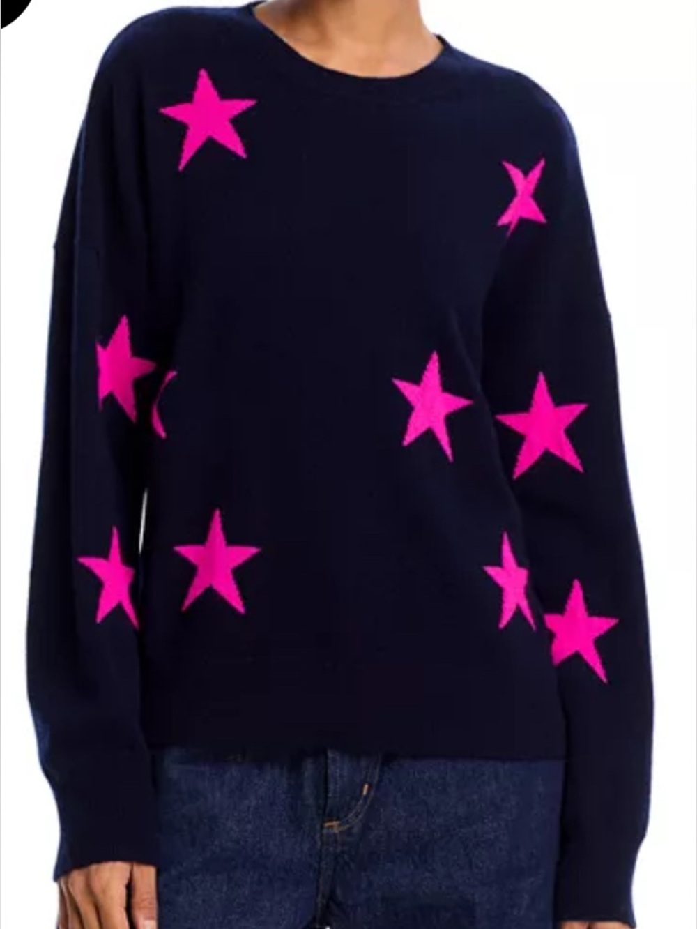 Aqua 100% Cashmere Star Crewneck Sweater Navy and Pink